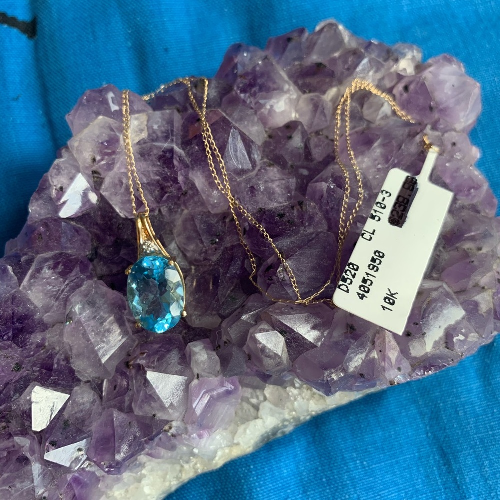 10k Gold Chain, Blue Topaz Pendant, Small Diamond